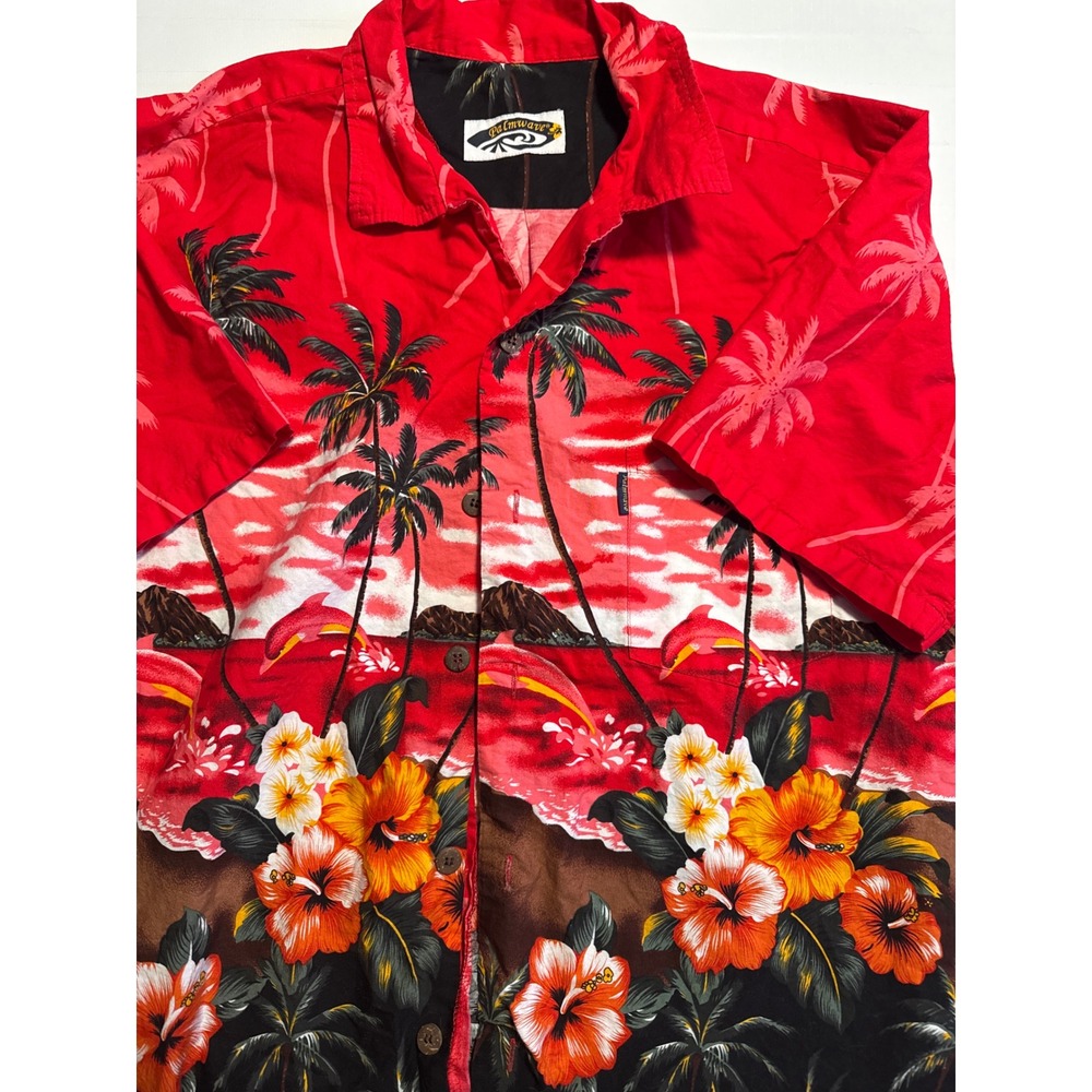 Palmwave Hawaiian Shirt Mens‎ Red Sunset Dolphin Hibiscus  Button Up Aloha L